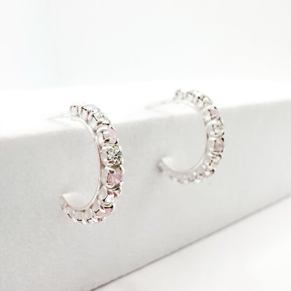 Rosie Pink Opal and CZ Gemstone Silver Hoop Earrings