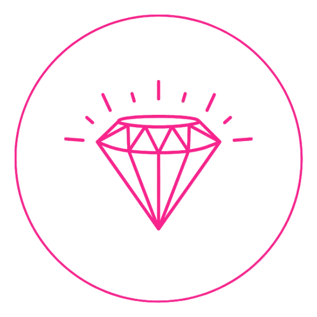 A pink line-art icon of a sparkling diamond inside a circular outline on a white background.