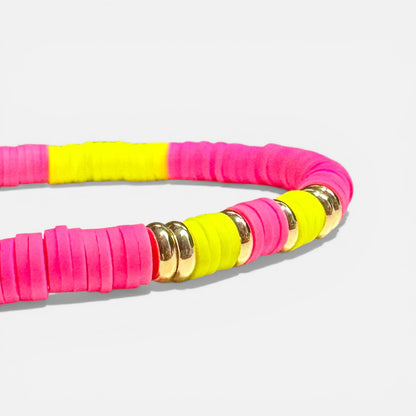 Neon Pink and Yellow Heishi Bead Stetch Beacelet | Adjustable Fit