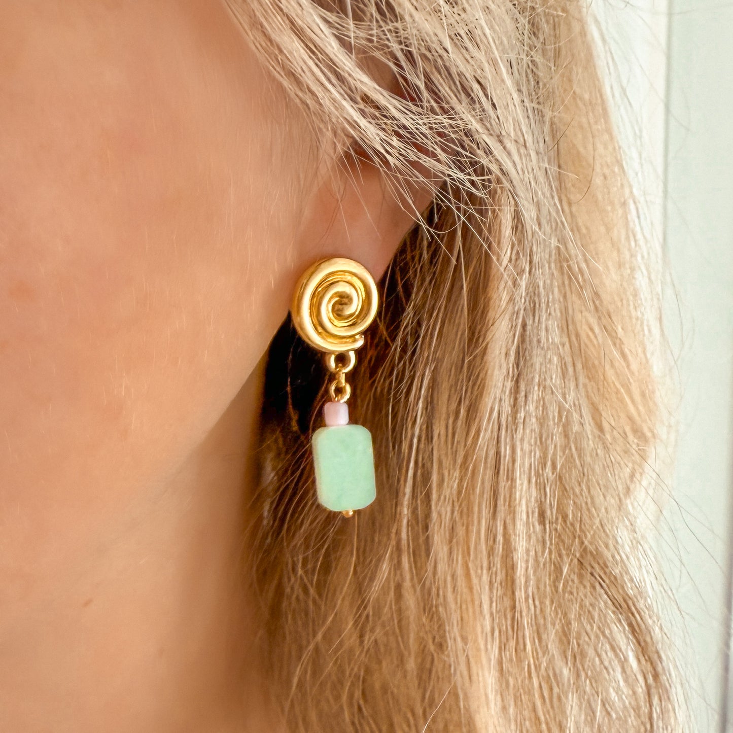 Laguna Amazonite Gemstone Gold Spiral Earrings
