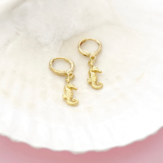 Barbados Seahorse Charm Gold Hoop Earrings