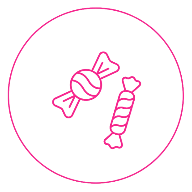 A minimalist pink line icon depicting two types of candy—a twisted round candy and a striped wrapped candy—inside a thin pink circle on a solid white background.