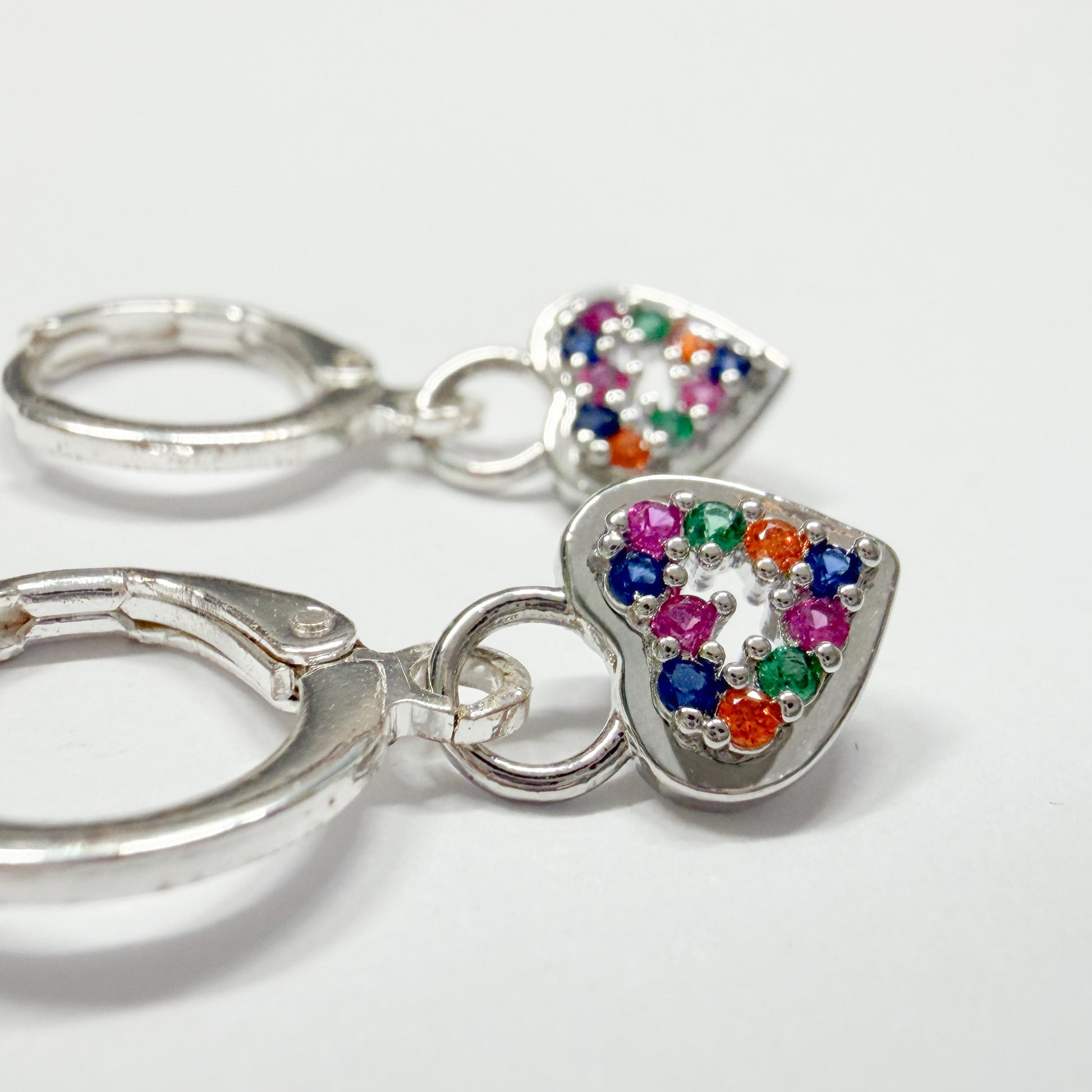 Silver Heart Hoops with Colourful Gemstones