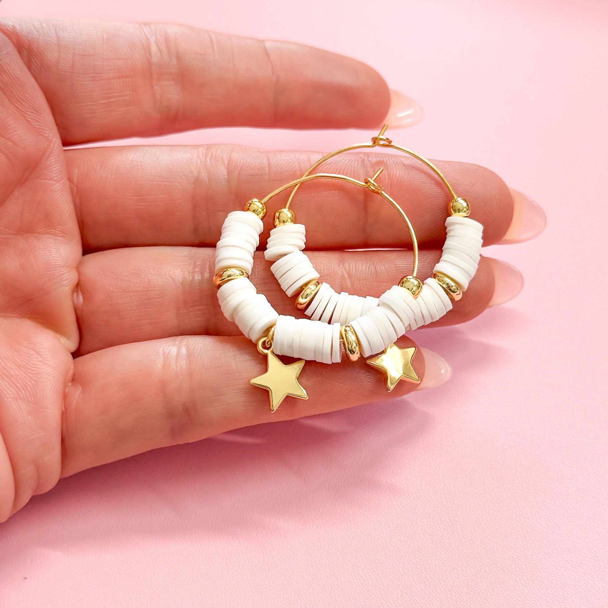 White Beaded Hoops with Gold Star Charm