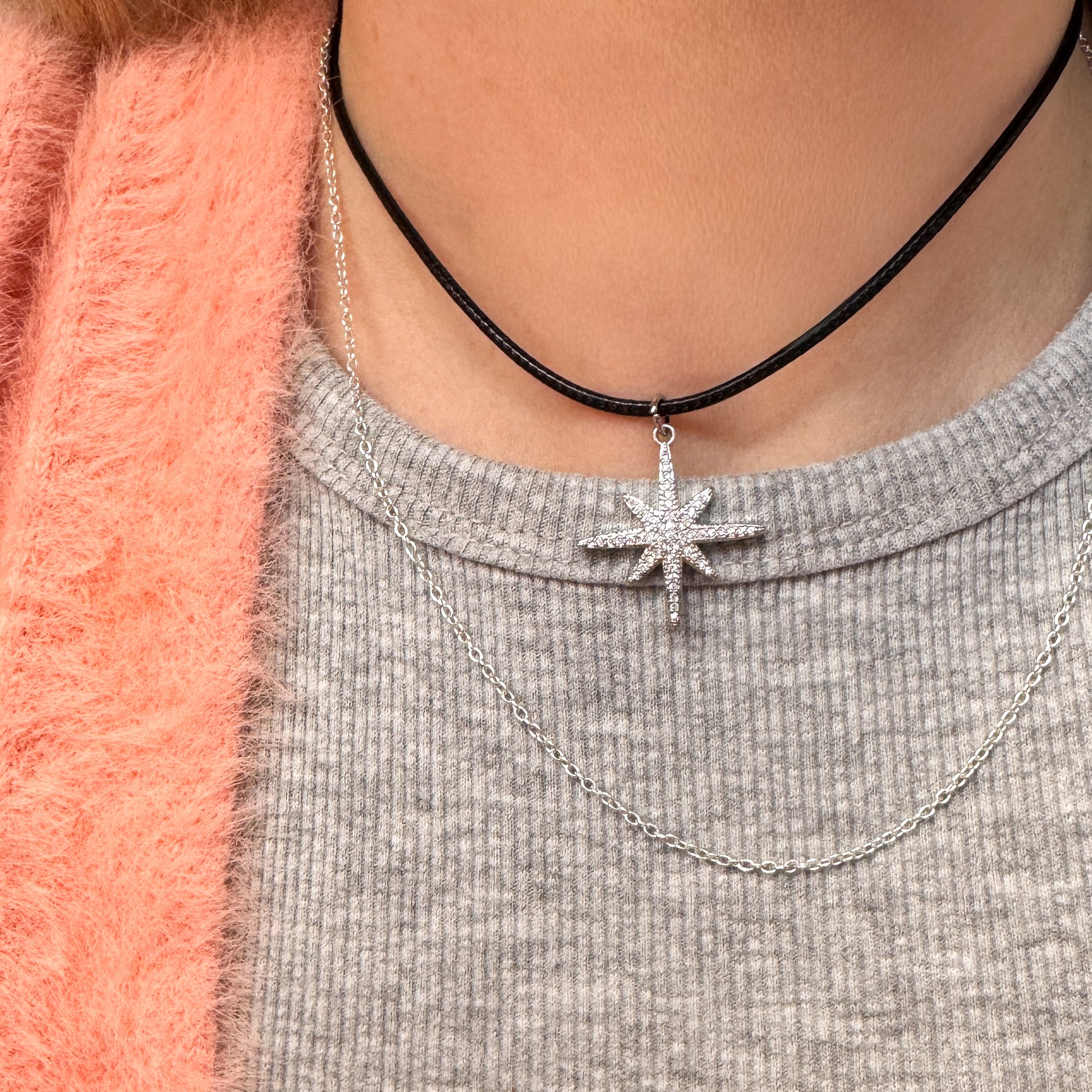 Silver Star Pendant Cord Necklace