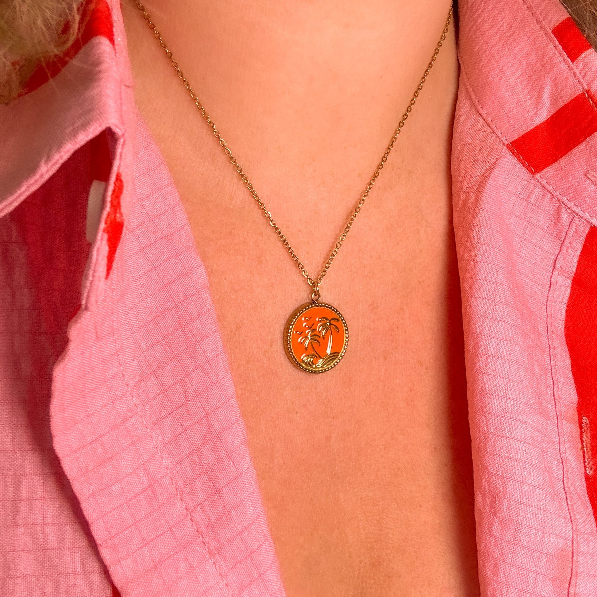 Alba Gold Palm Tree Pendant Necklace | Orange - Razzle and Rose Jewellery