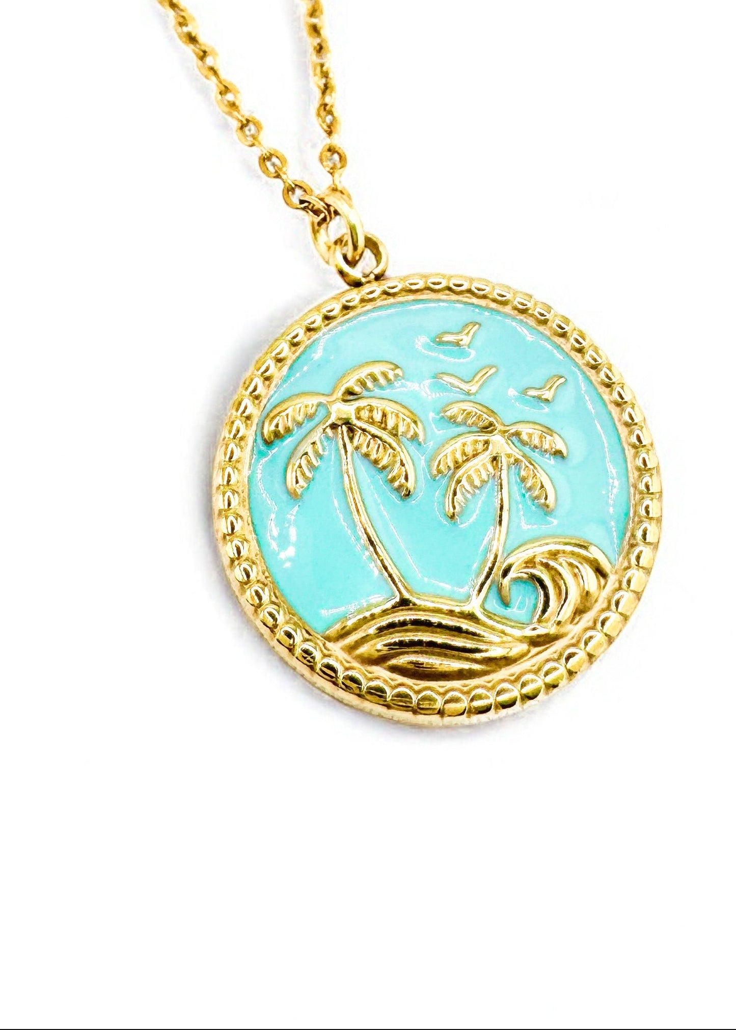 Alba Gold Palm Tree Pendant Necklace | Aqua Blue