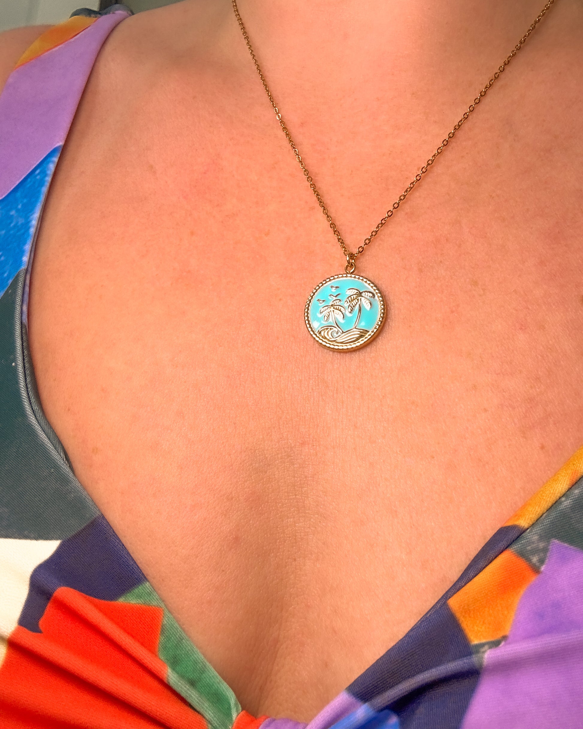 Alba Gold Palm Tree Pendant Necklace | Aqua Blue