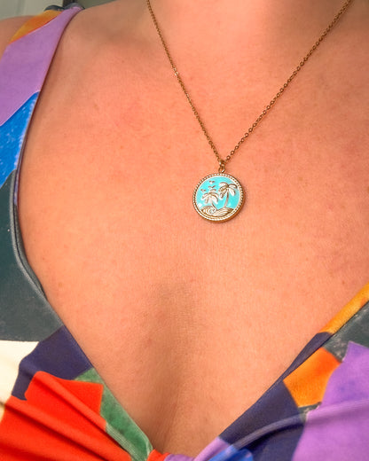 Alba Gold Palm Tree Pendant Necklace | Aqua Blue