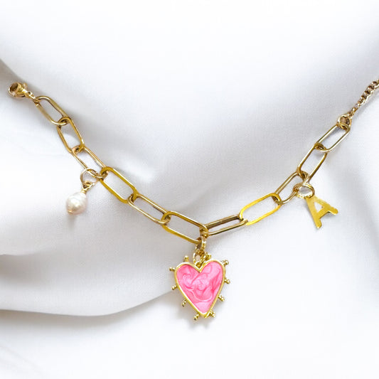 Arabella Heart Initial Gold Charm Bracelet | White | Pink | Lilac | Aqua | Choose Your Charms