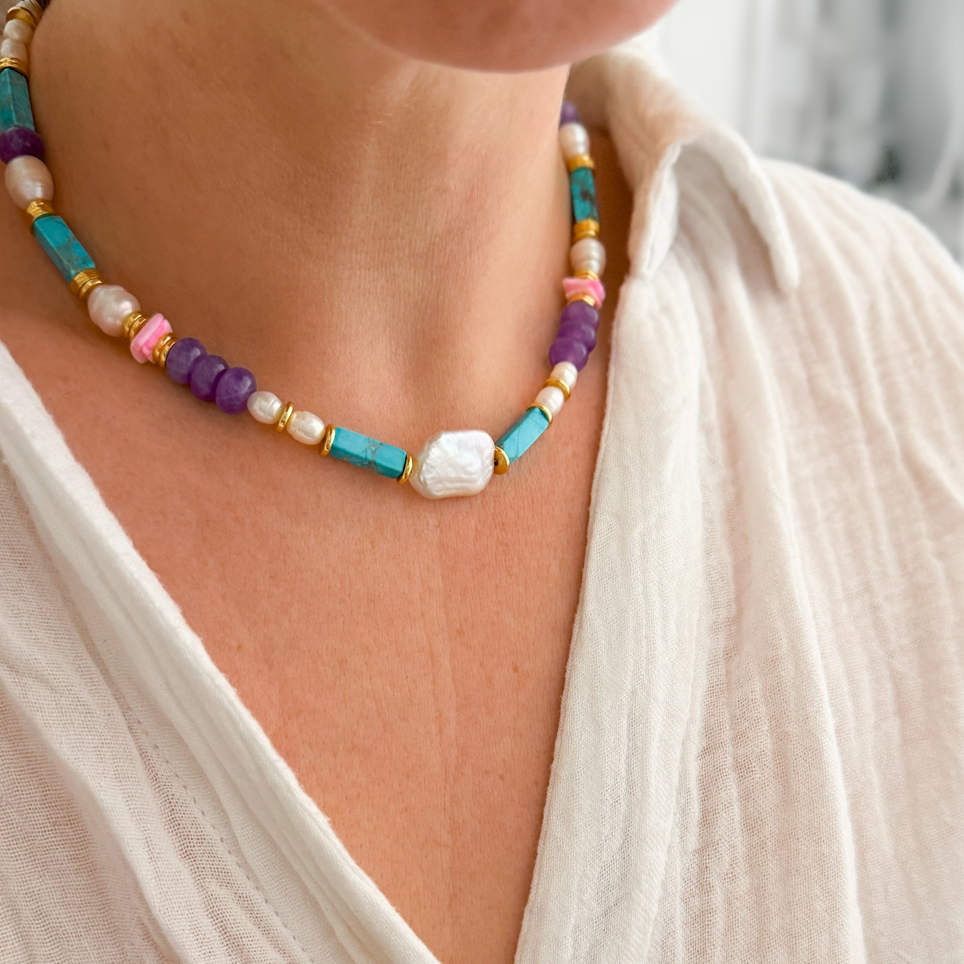 Bali Colourful Chunky Beaded Pearl Necklace