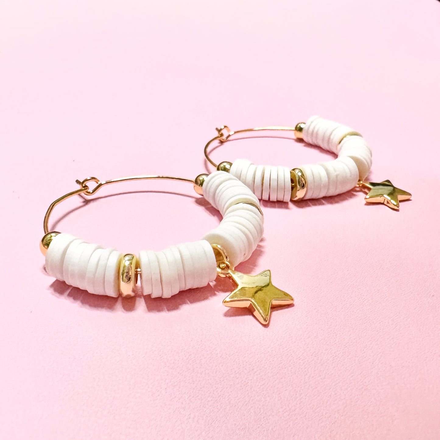 White Beaded Hoops with Gold Star Charm