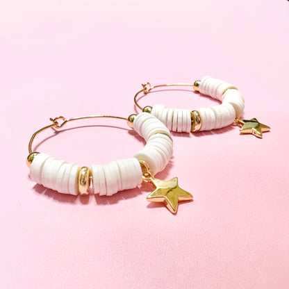 White Beaded Hoops with Gold Star Charm
