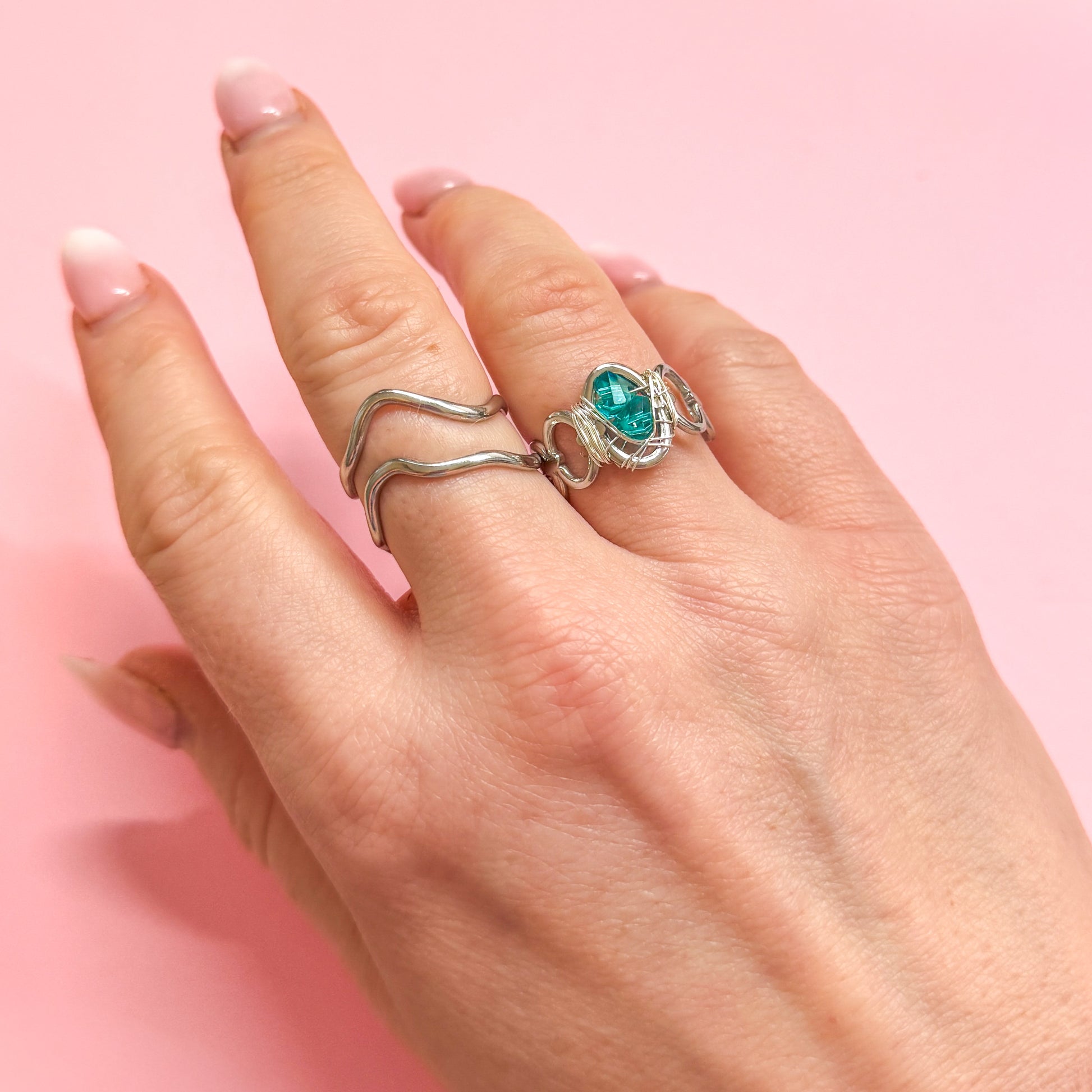 Aqua Crystal Silver Ring | Adjustable Fit