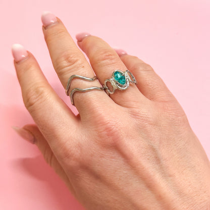 Aqua Crystal Silver Ring | Adjustable Fit