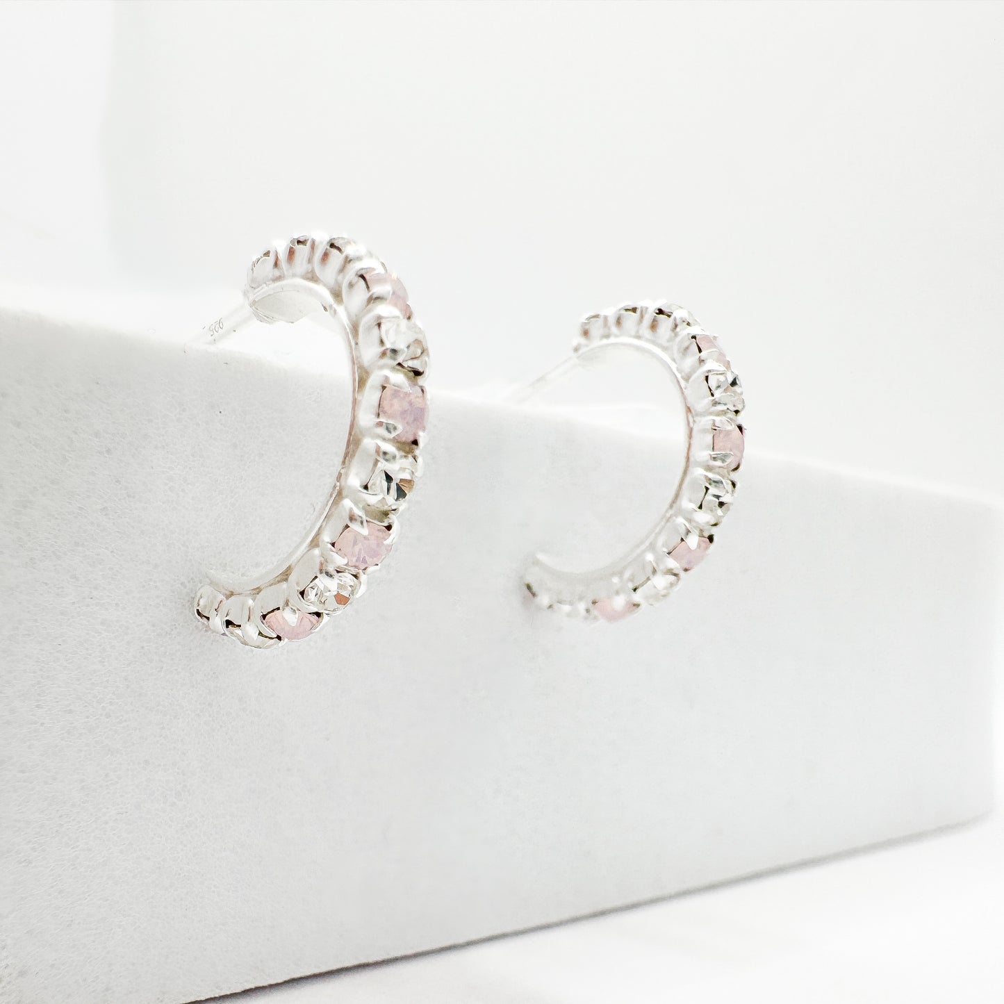 Rosie Pink Opal and CZ Gemstone Silver Hoop Earrings