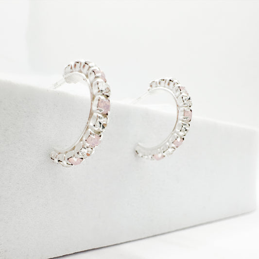 Rosie Pink Opal and CZ Gemstone Silver Hoop Earrings