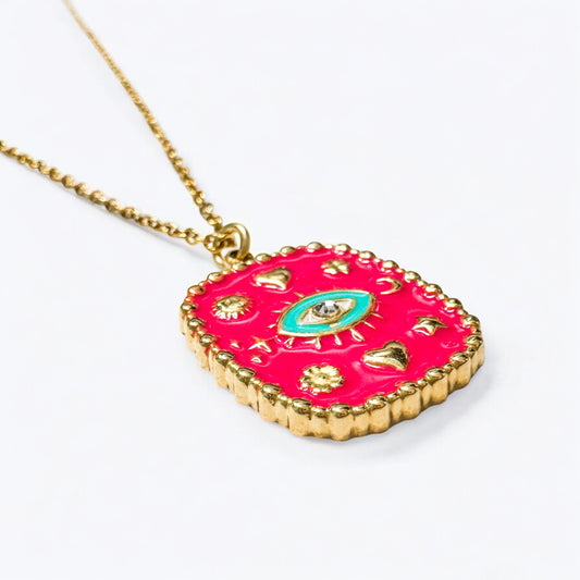 Cecilia Hot Pink Enamel Gold Pendant Necklace