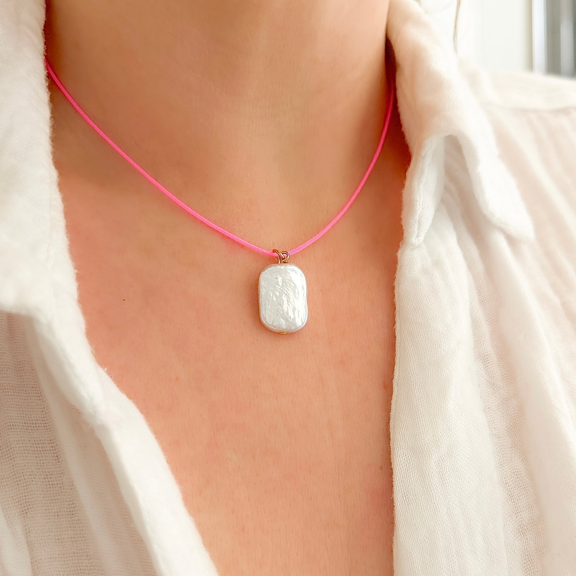 Cabo Dainty Cord Necklace with Pearl | Neon Pink | Lilac