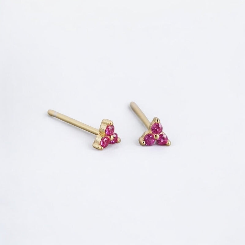 Camellia Triple Gemstone Gold Stud Earrings | Pink