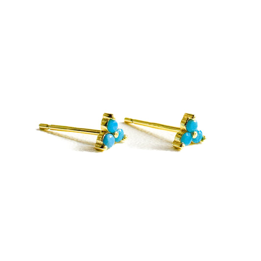Camellia Triple Gemstone Gold Tiny Stud Earrings | Turquoise