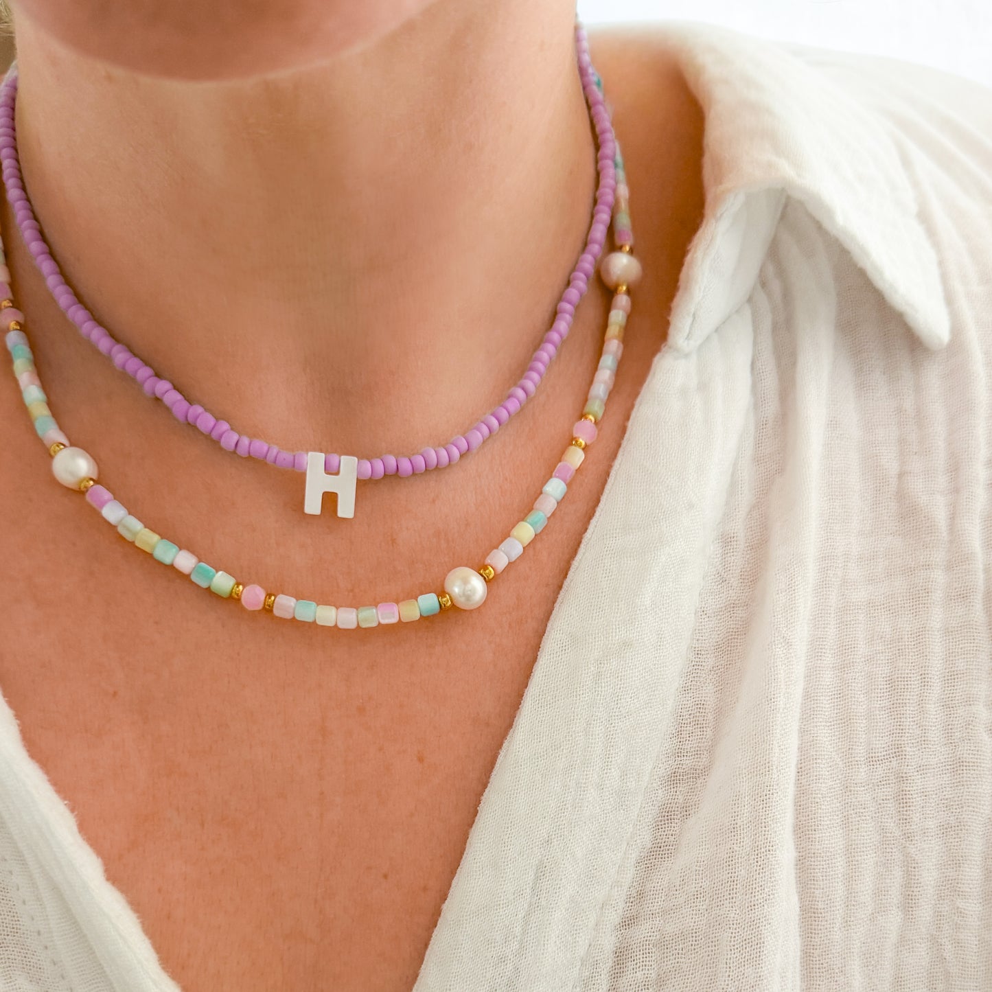 Catalina Mother of Pearl Initial Beaded Necklace