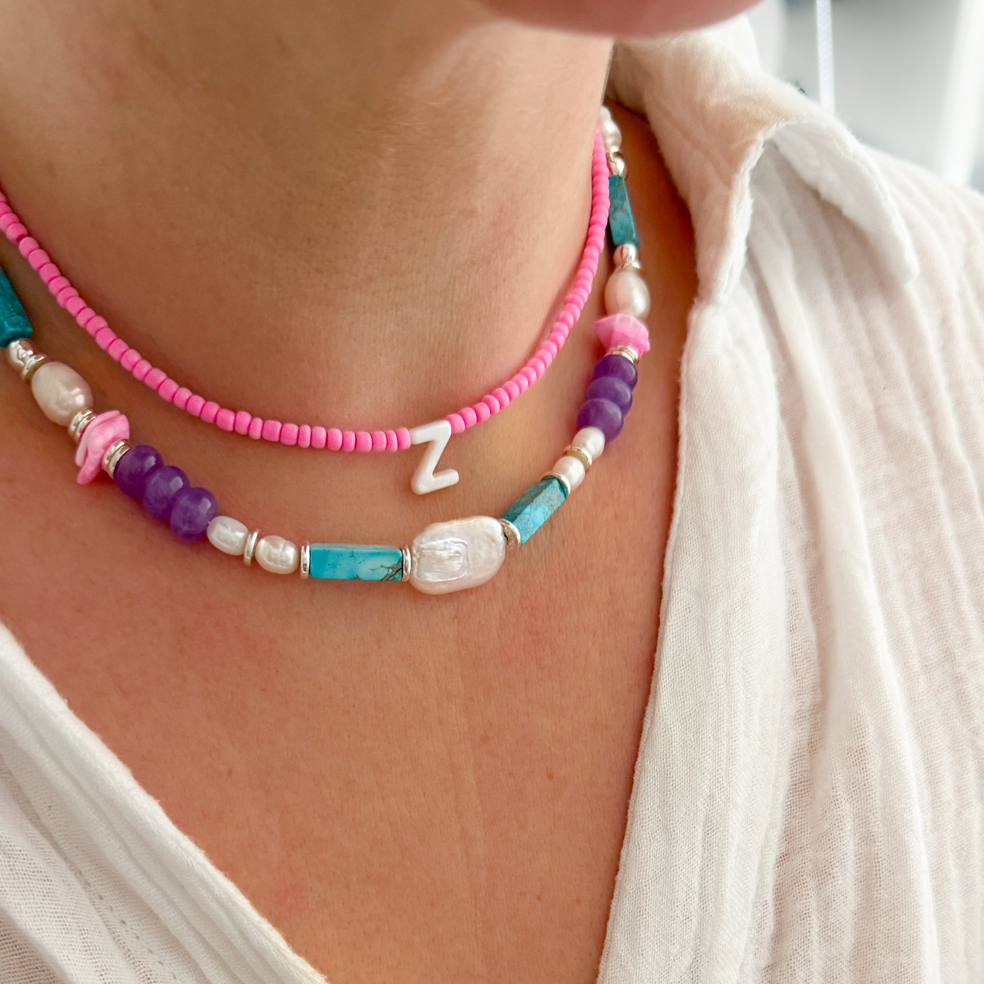Catalina Mother of Pearl Initial Beaded Necklace
