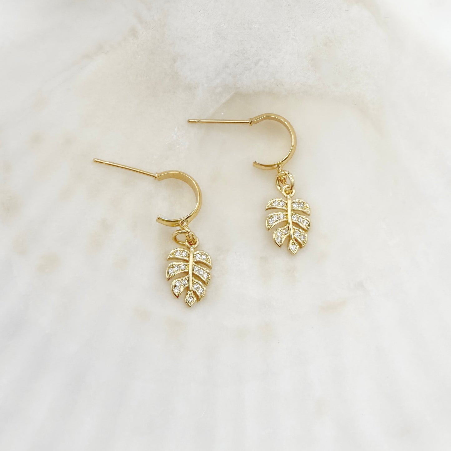 Caye Gold Monstera Leaf Gemstone Charm Hoop Earrings