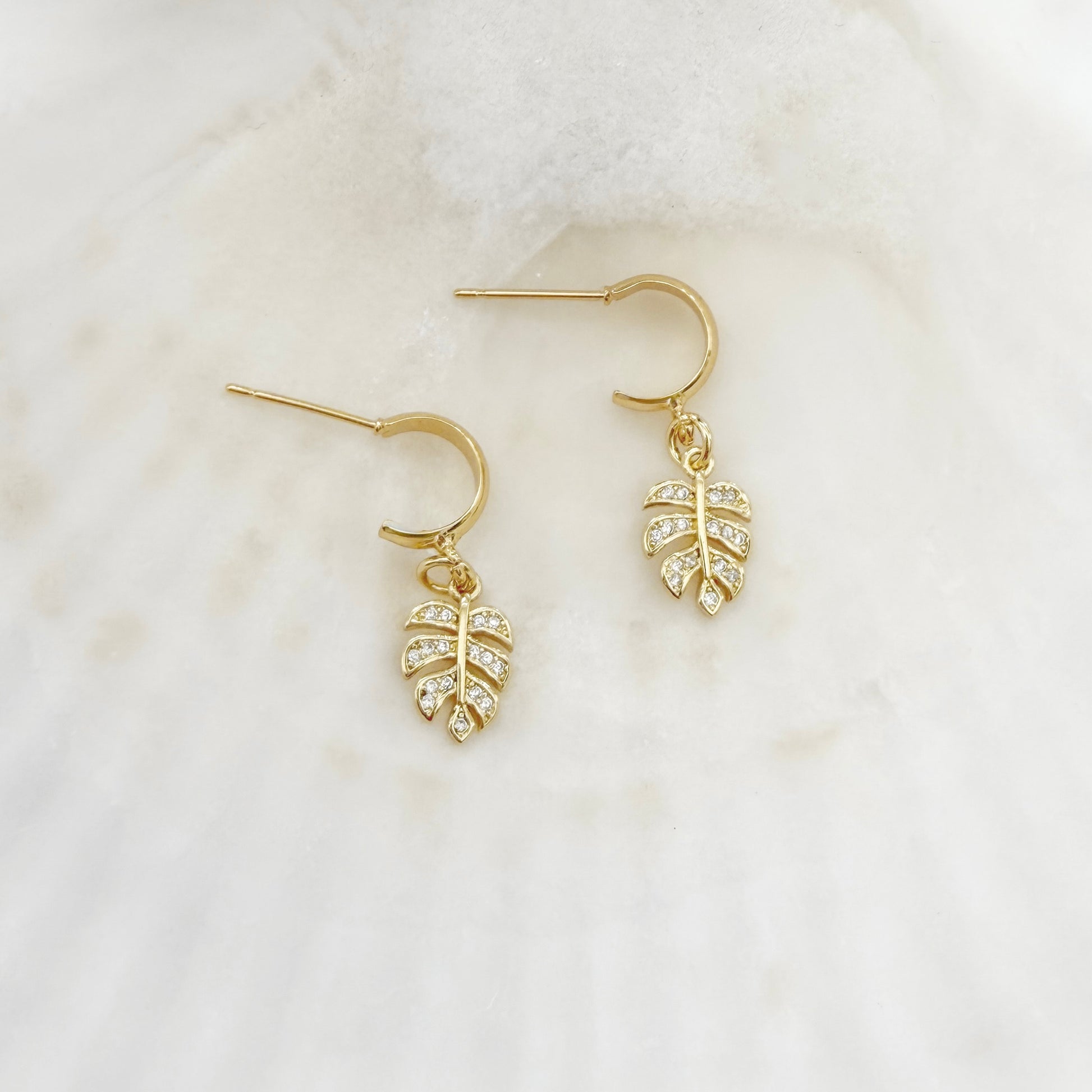 Caye Gold Monstera Leaf Gemstone Charm Hoop Earrings
