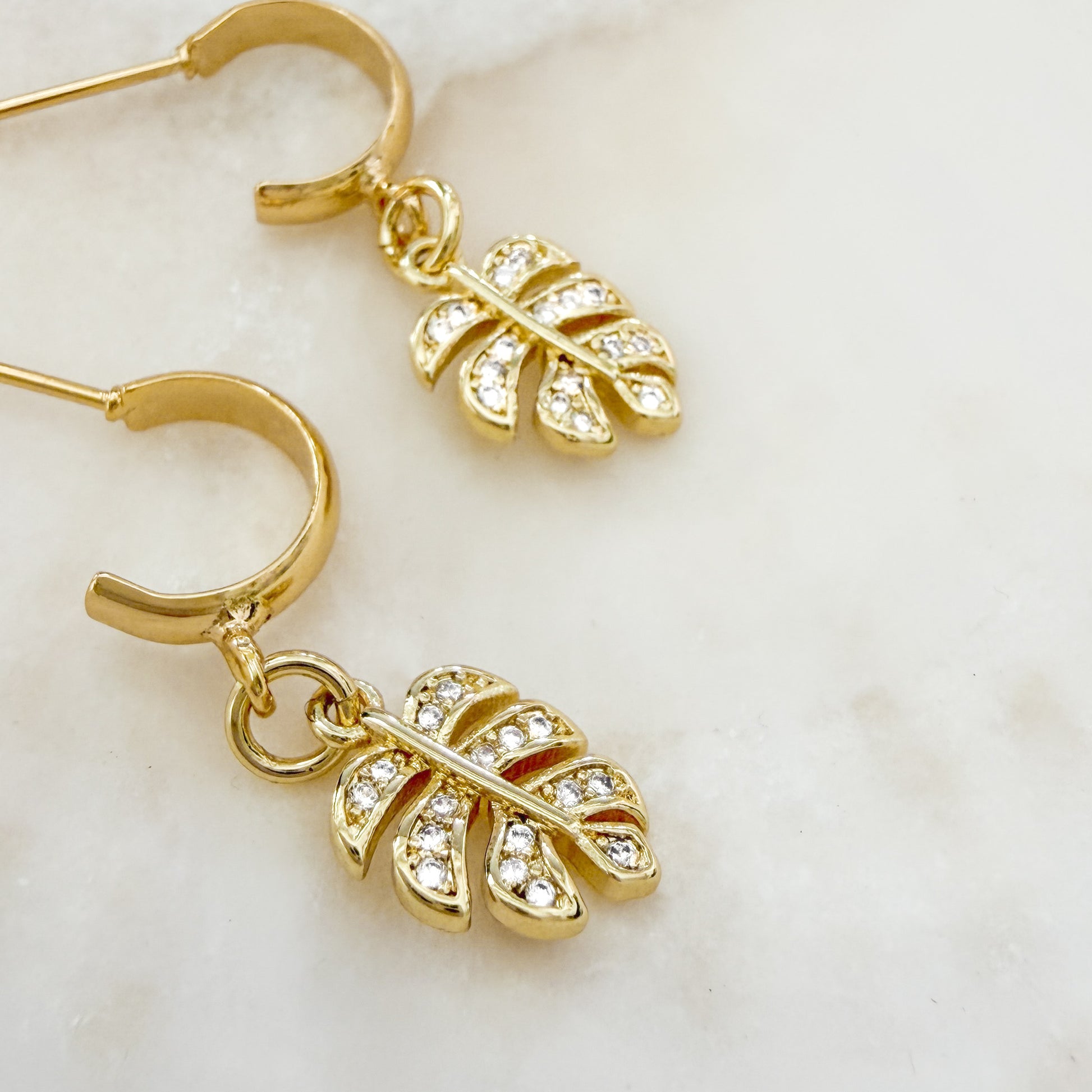 Caye Gold Monstera Leaf Gemstone Charm Hoop Earrings