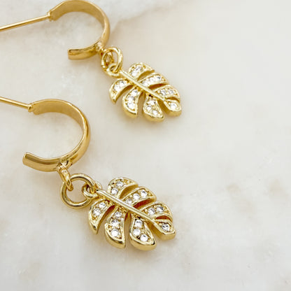 Caye Gold Monstera Leaf Gemstone Charm Hoop Earrings