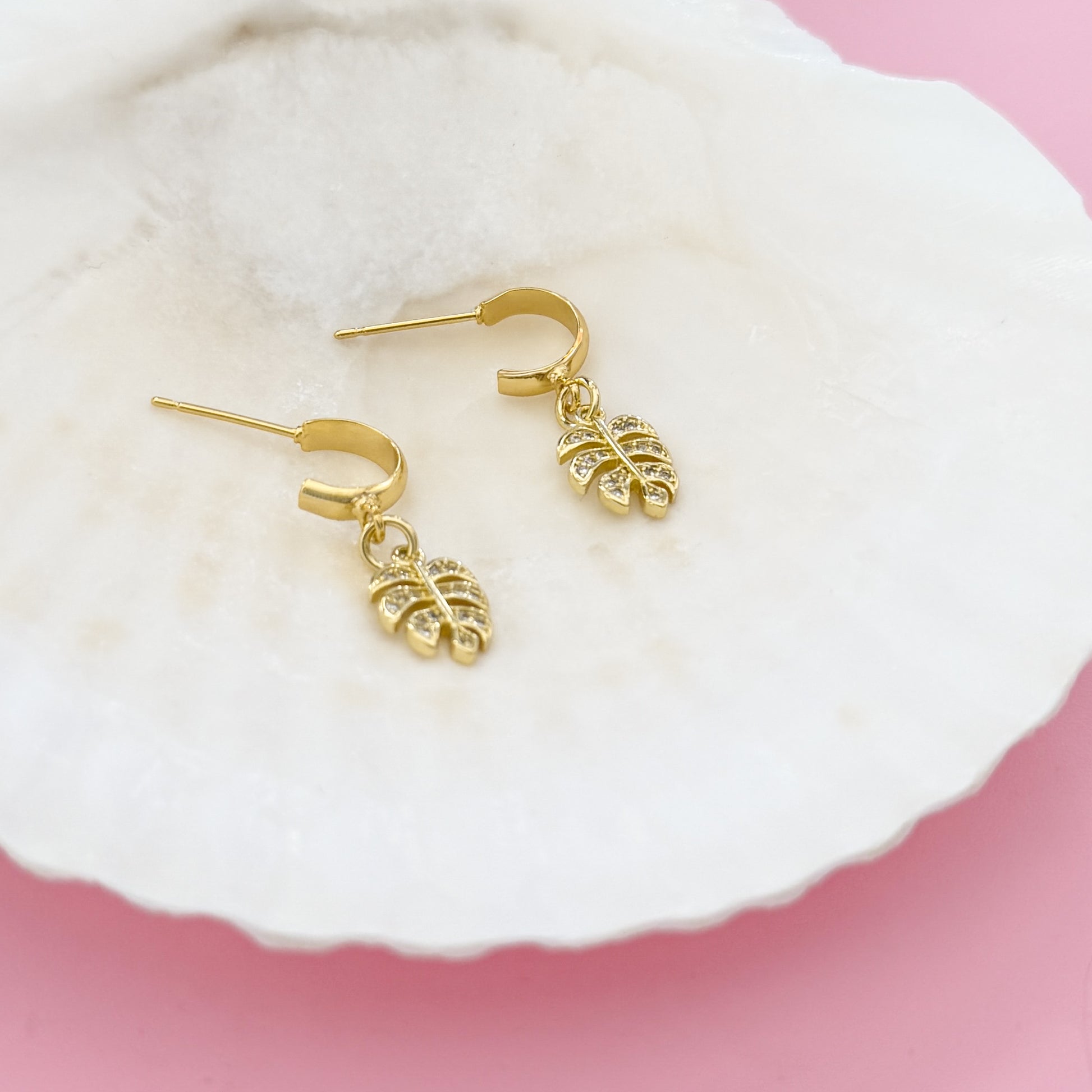 Caye Gold Monstera Leaf Gemstone Charm Hoop Earrings