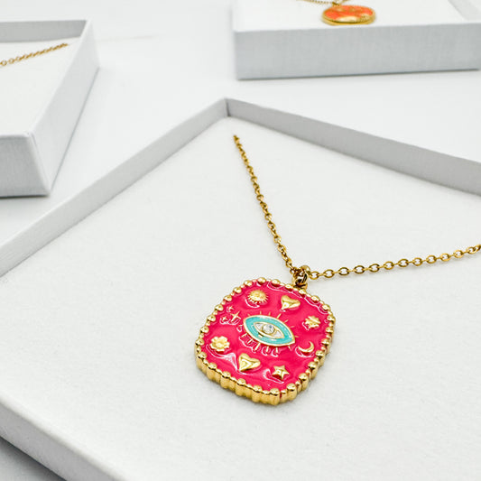 Cecilia Hot Pink Enamel Gold Pendant Necklace