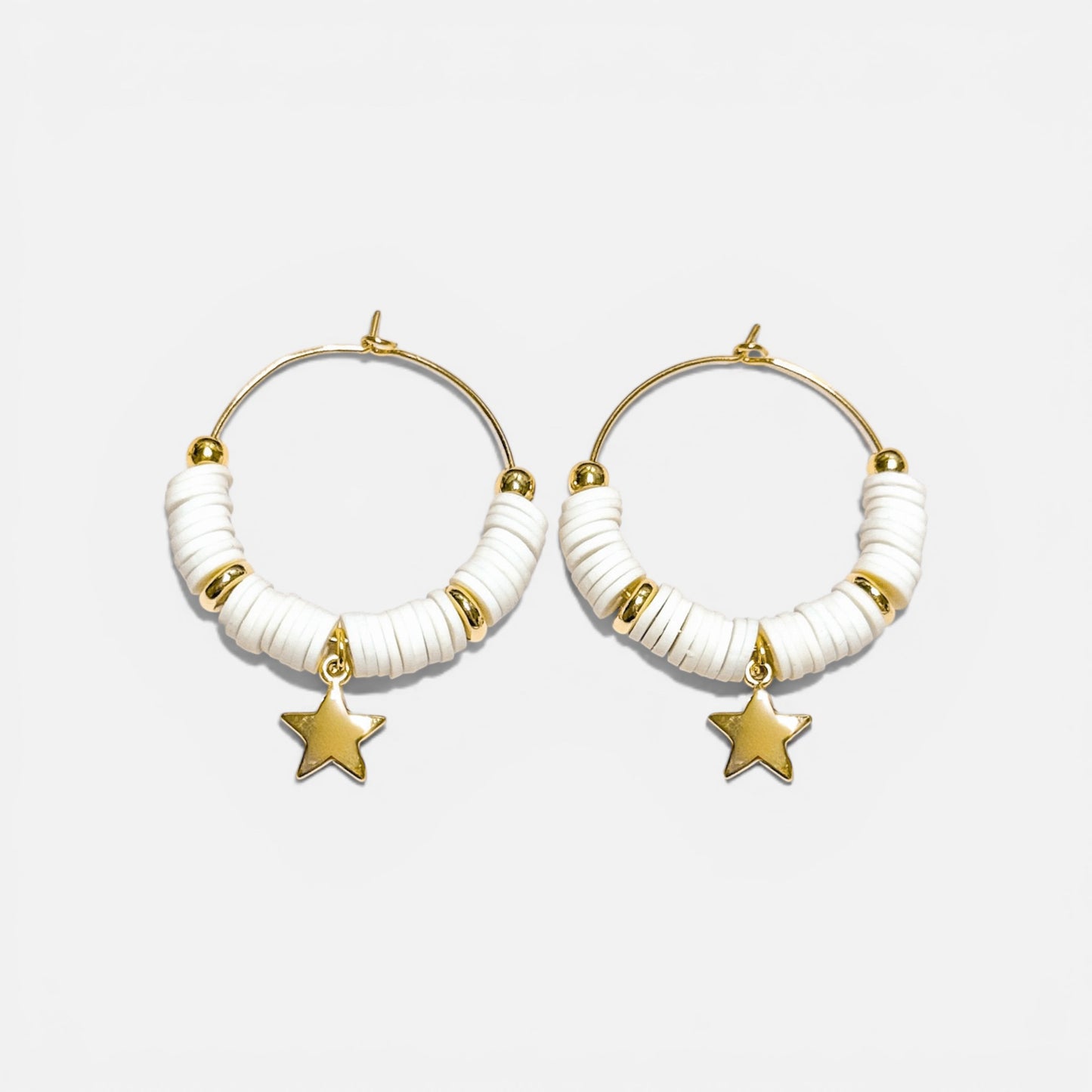 White Beaded Hoops with Gold Star Charm
