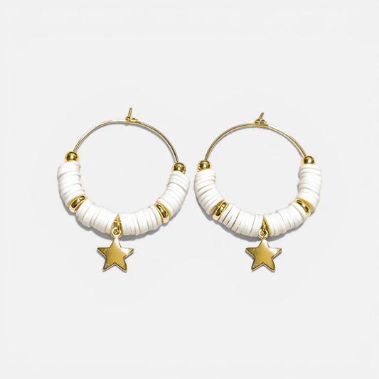 White Beaded Hoops with Gold Star Charm