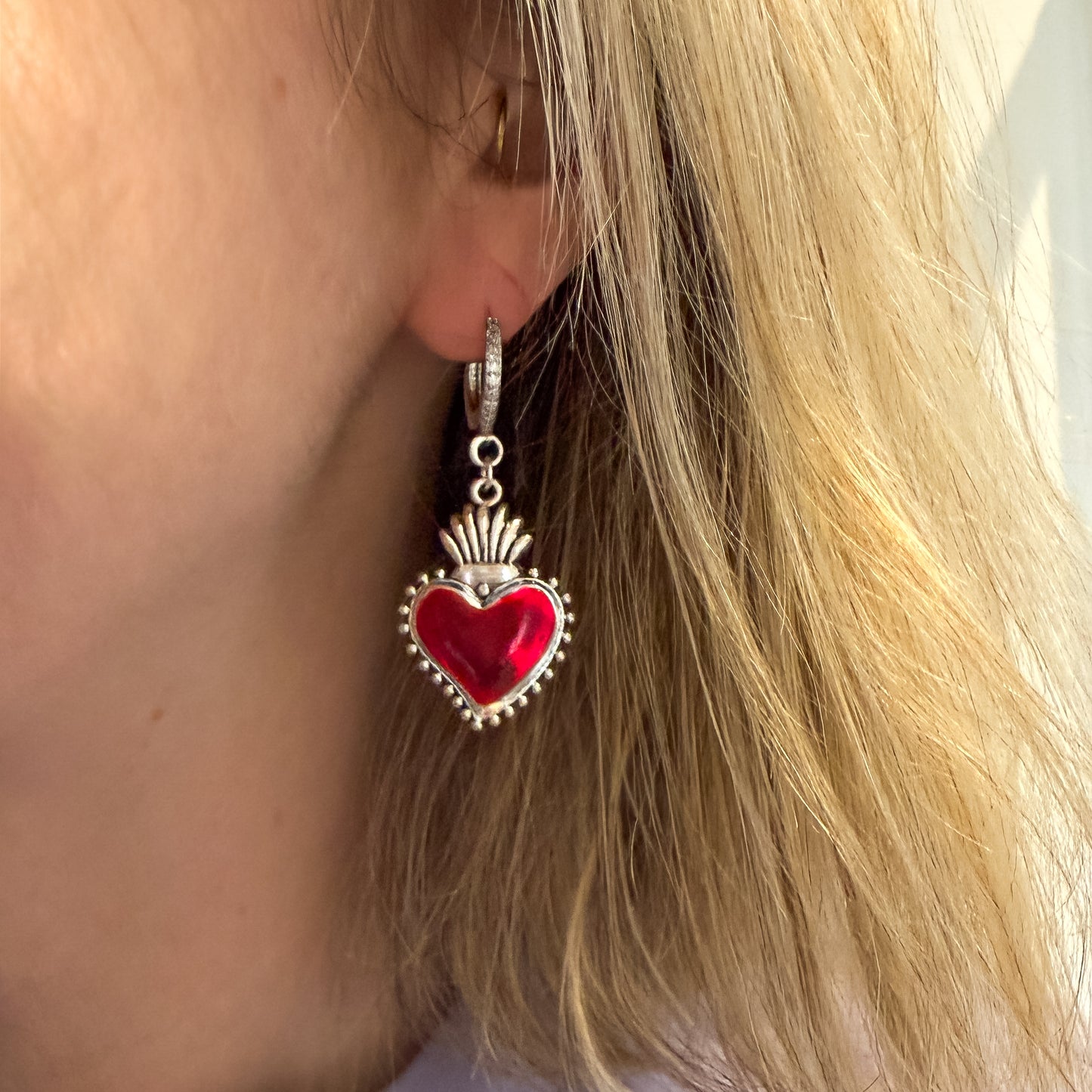 Clarissa Red Heart Silver Hoop Earrings