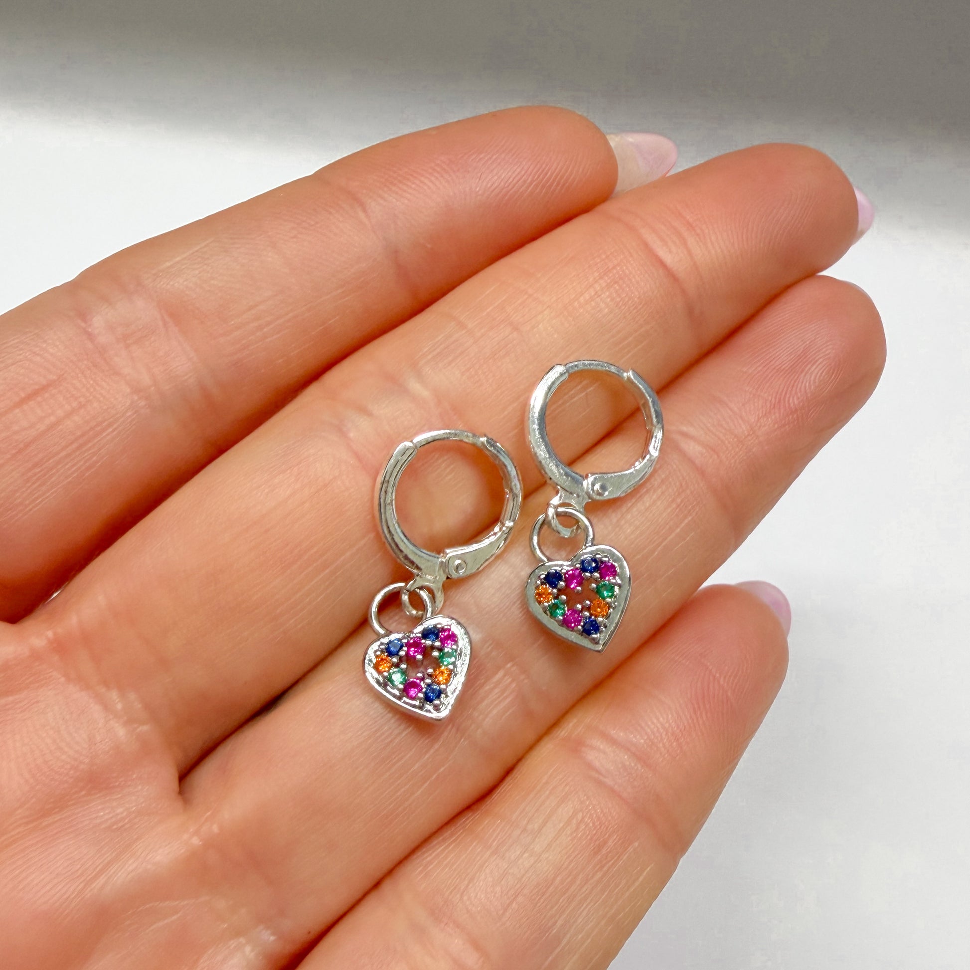 Silver Heart Hoops with Colourful Gemstones