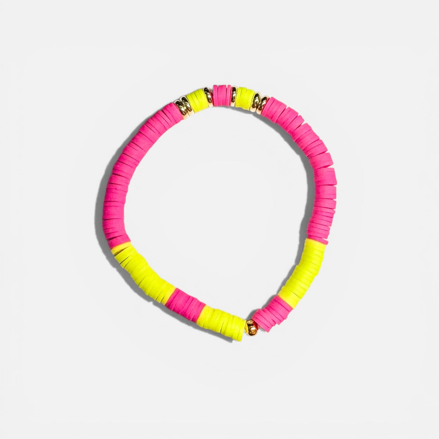 Neon Pink and Yellow Heishi Bead Stetch Beacelet | Adjustable Fit