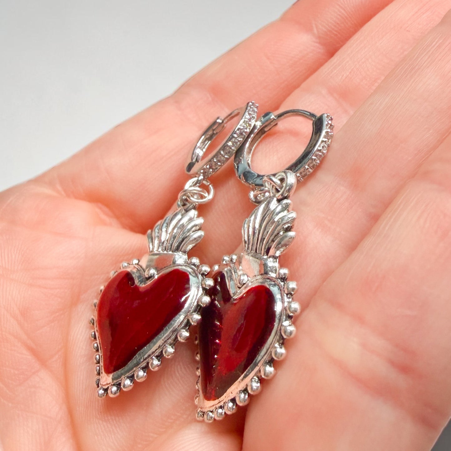 Clarissa Red Heart Silver Hoop Earrings