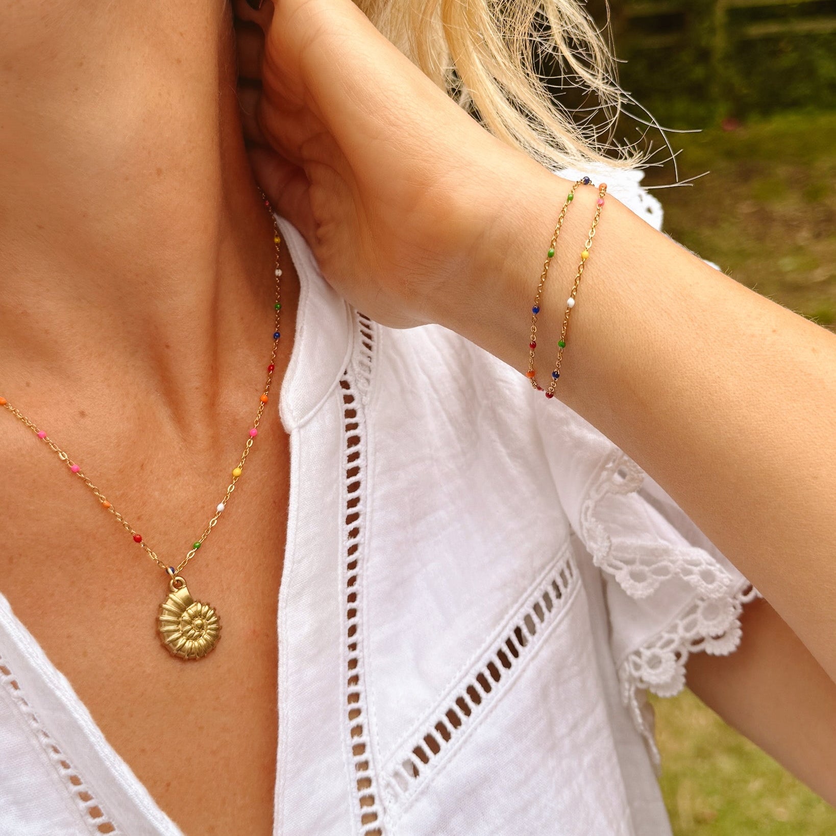 Elena Gold Rainbow Bead Necklace with Removable Shell Pendant