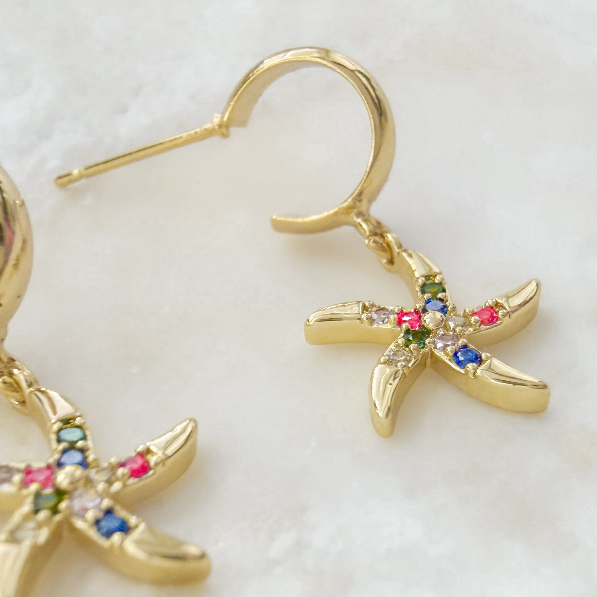 Estrella Gemstone Starfish Charm Gold Hoop Earrings