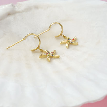 Estrella Gemstone Starfish Charm Gold Hoop Earrings