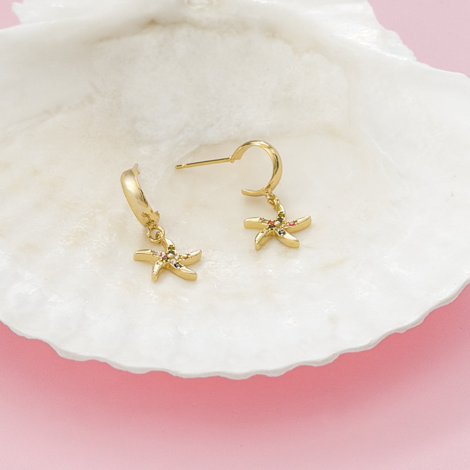 Estrella Gemstone Starfish Charm Gold Hoop Earrings