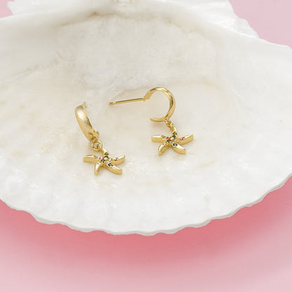 Estrella Gemstone Starfish Charm Gold Hoop Earrings