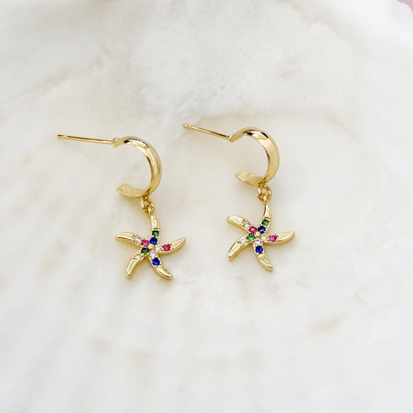 Estrella Gemstone Starfish Charm Gold Hoop Earrings