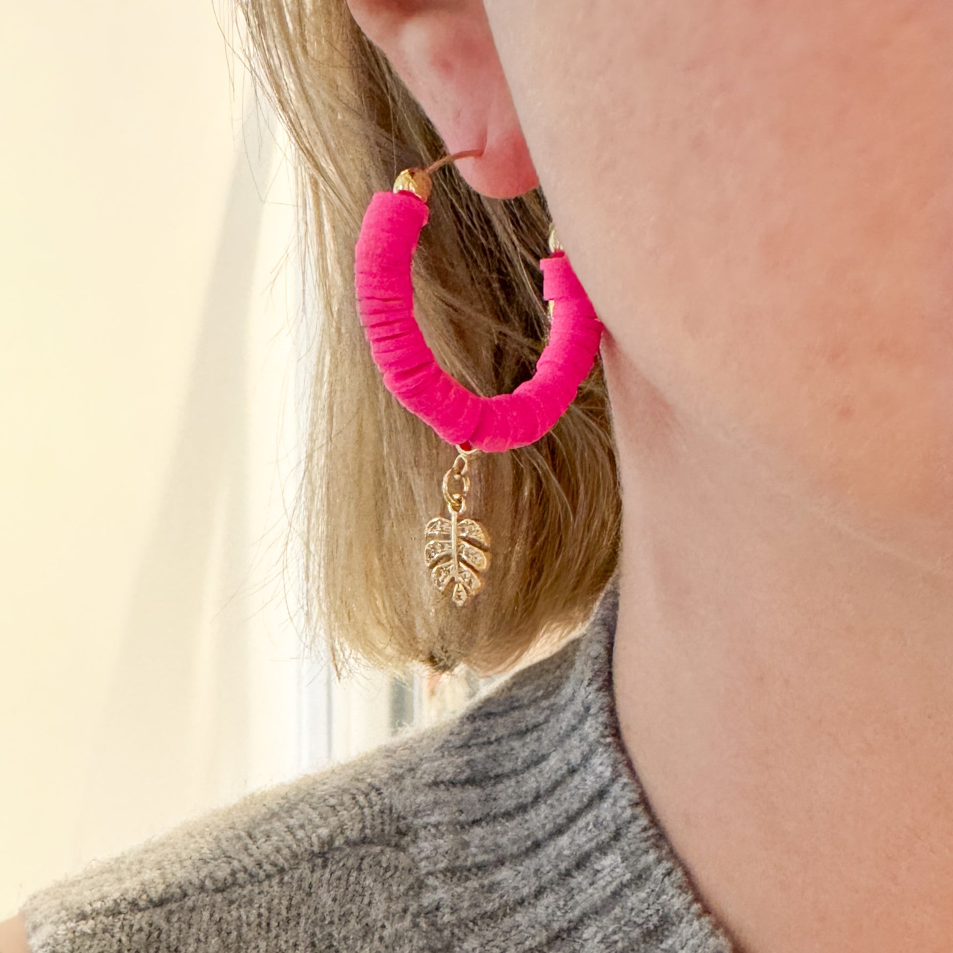 Hot Pink Beaded Hoops with Gold CZ Leaf Charm