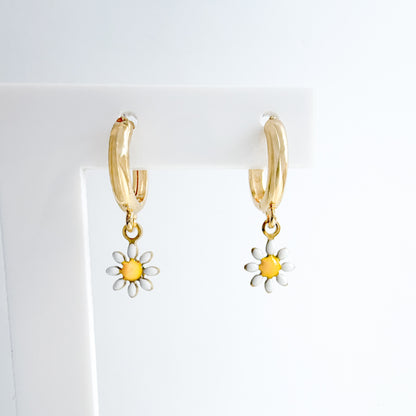 Flora Daisy Charm Gold Hoop Earrings
