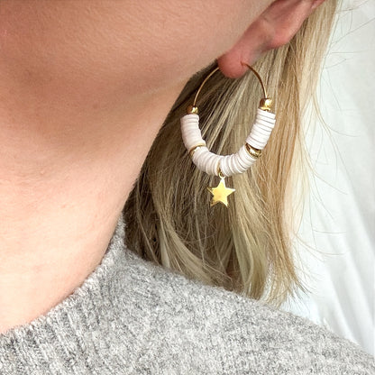 White Beaded Hoops with Gold Star Charm