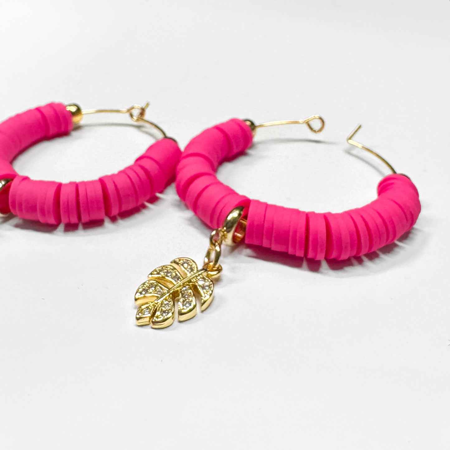 Hot Pink Beaded Hoops with Gold CZ Leaf Charm