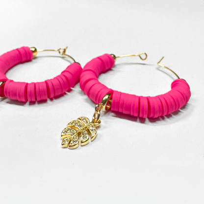 Hot Pink Beaded Hoops with Gold CZ Leaf Charm